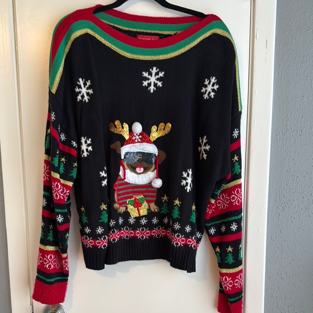 Women’s Black Christmas Sweater with Reindeer Dog Design